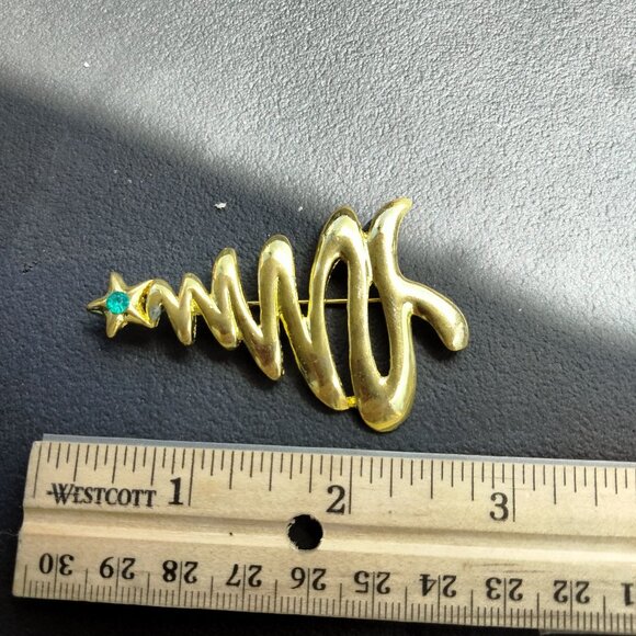 Christmas Tree Brooch Green Rhinestone Pin Gold Tone Zig Zag Vintage Jewelry - Picture 2 of 3